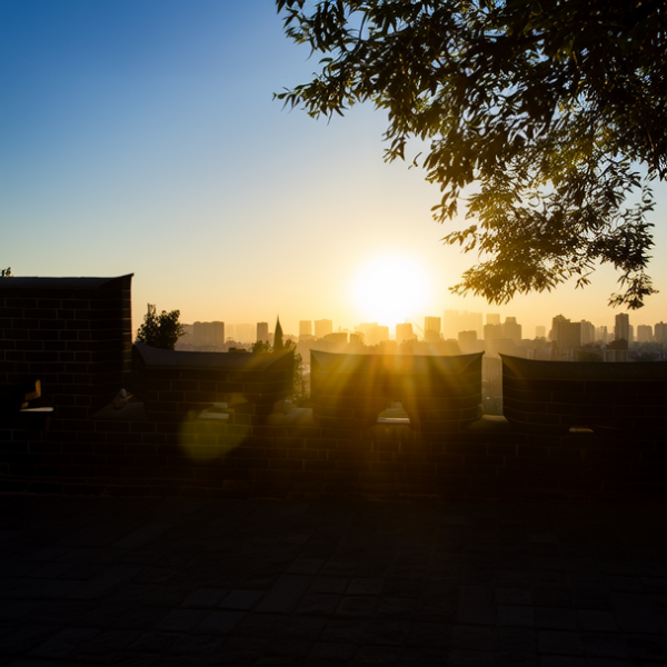 傍晚十分在西安的城墙外行走，逆光看向城墙的剪影。远处太阳逐渐落下，日落时金灿灿的阳光透过城墙透过树叶。