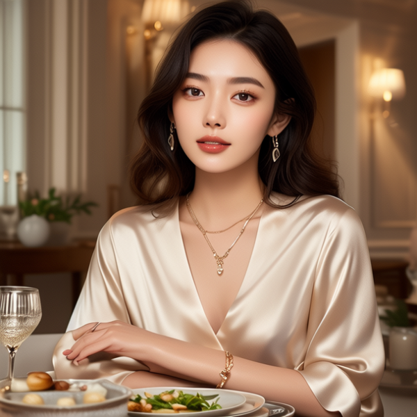 生活瞬间，美女，韩系美女，丝绸，美妆广告，家庭餐桌，4K超清，写实风格，温馨，柔和室内光，细腻皮肤，项链，耳环，手链。