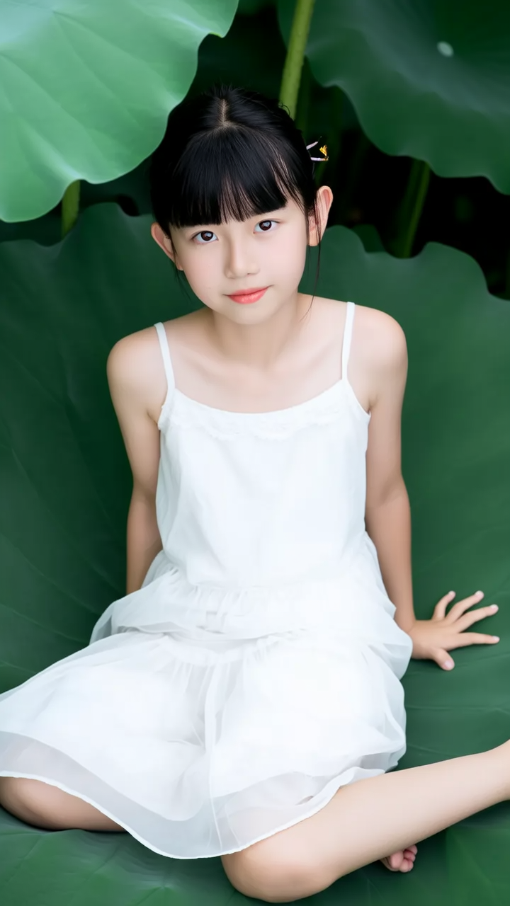 一个黑发的女孩，穿着白色长裙，头发梳成单发髻，坐在一个巨型荷叶上，荷叶细节，女孩全身清晰可见，她的姿态是垂坐，表情自然，直视观众。