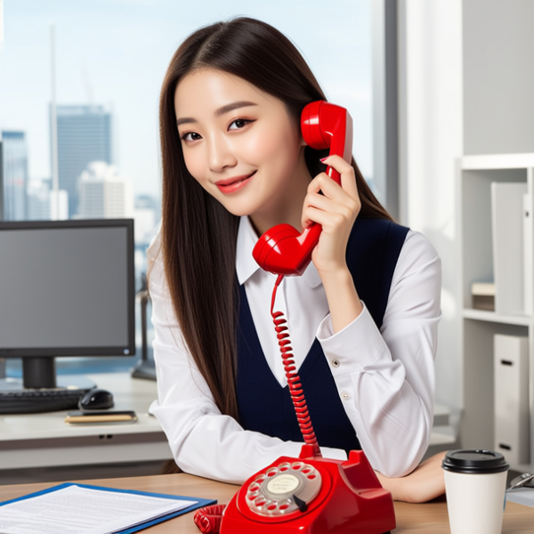 拿着红色电话的客服美女
