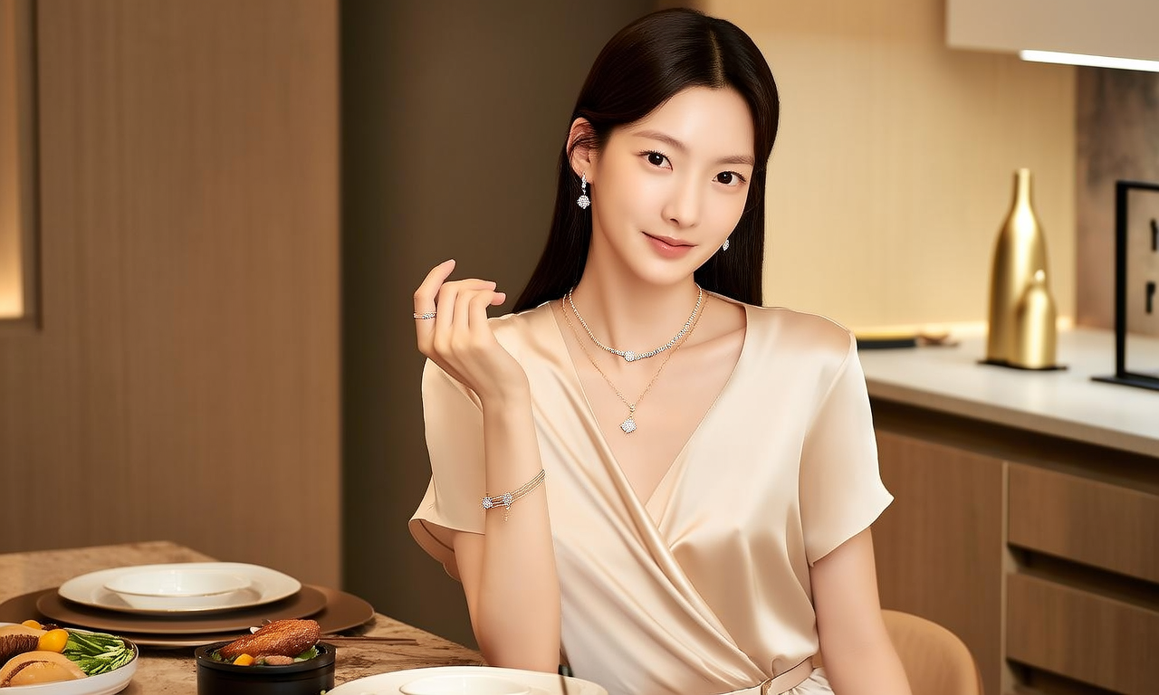 生活瞬间,美女,韩系美女,丝绸,美妆广告,家庭餐桌,4K超清,写实风格,温馨,柔和室内光,细腻皮肤,项链,耳环,手链。 生活瞬间,美女,韩系美女,丝绸,美妆广告,家庭餐桌,4K超清,写实风格,温馨,柔和室内光,细腻皮肤,项链,耳环,手链。